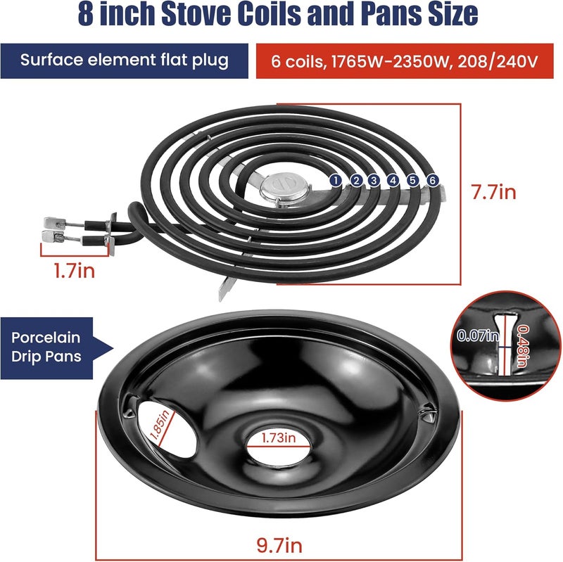 Fetechmate WB30M1 WB30M2 Electric Stove Burner Elements, WB31M19 WB31M20 Porcelain Black Stove Drip Pans Replacement for Hot-point G-E Stove, Includes 2 * 8'' and 2 * 6'' Stove Burners Replacement by - Image 3